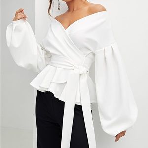 Lantern Sleeve Surplice Belted Peplum Blouse